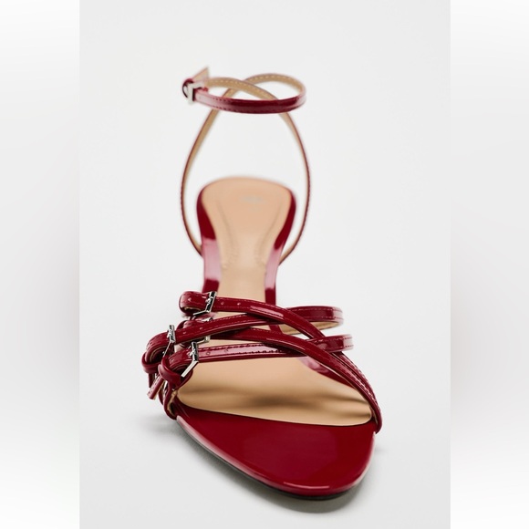 ZARA RED FAUX LEATHER HIGH HEELED STRAP SANDALS - Picture 5 of 15